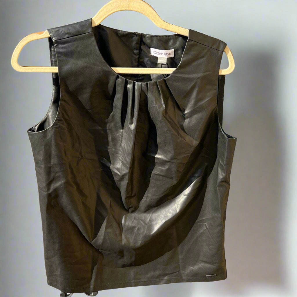 New With Tags Pre-Owned Calvin Klein Vegan Leather Sleeveless Top Vest - Black