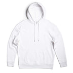 A white SpectraUSA Heavyweight Pullover Hood in fleece, featuring a drawstring hood and front kangaroo pocket.