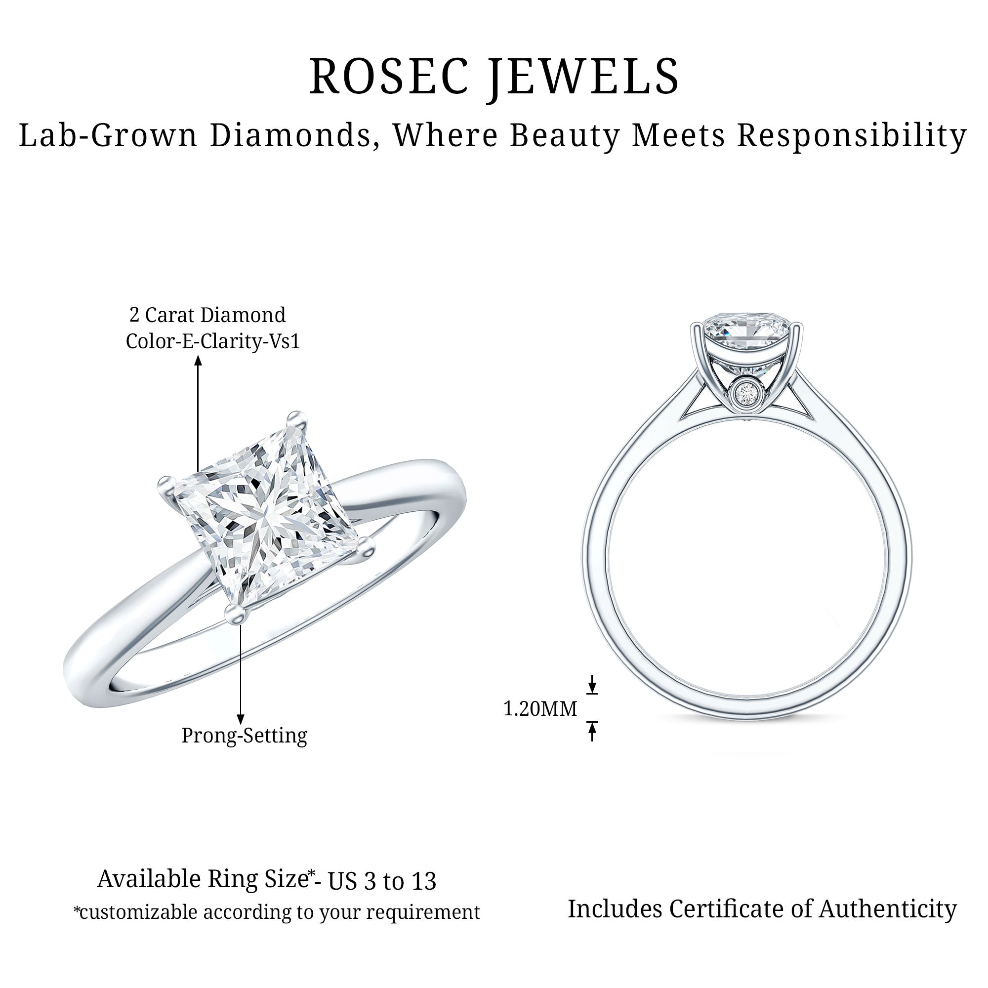 Womans gorgeous Solitaire 1 Carat Princess Cut Lab Grown Diamond Engagement Ring with IGI Certificate