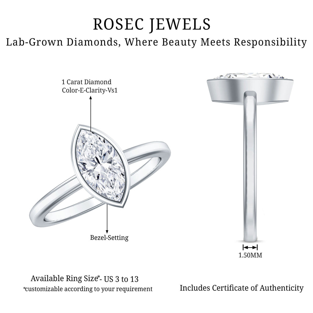 IGI Certified 1 Carat Marquise Lab Grown Diamond Engagement Ring in Bezel Setting