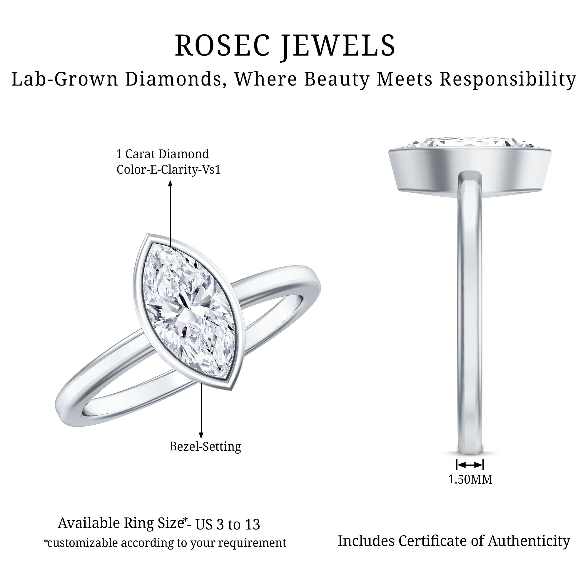 IGI Certified 1 Carat Marquise Lab Grown Diamond Engagement Ring in Bezel Setting