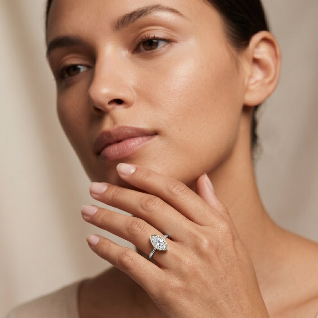 IGI Certified 1 Carat Marquise Lab Grown Diamond Engagement Ring in Bezel Setting
