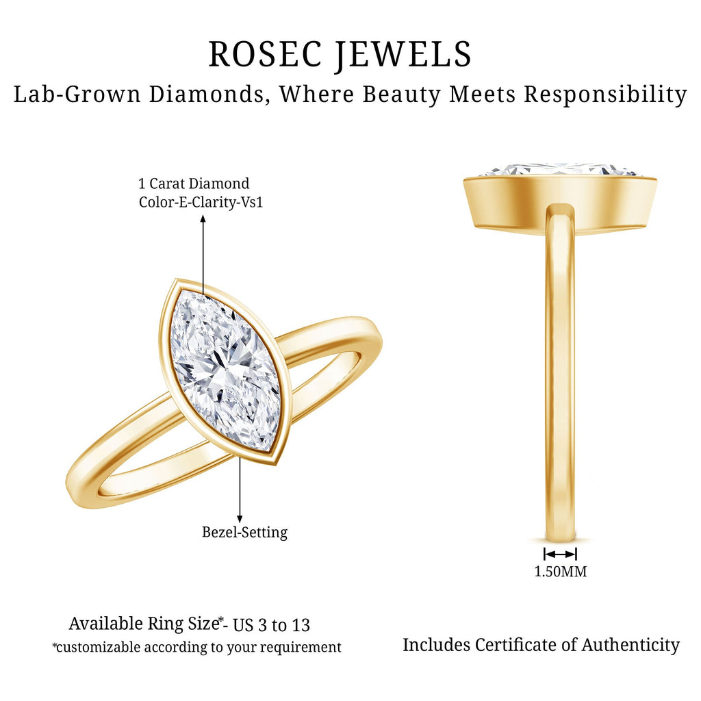 IGI Certified 1 Carat Marquise Lab Grown Diamond Engagement Ring in Bezel Setting