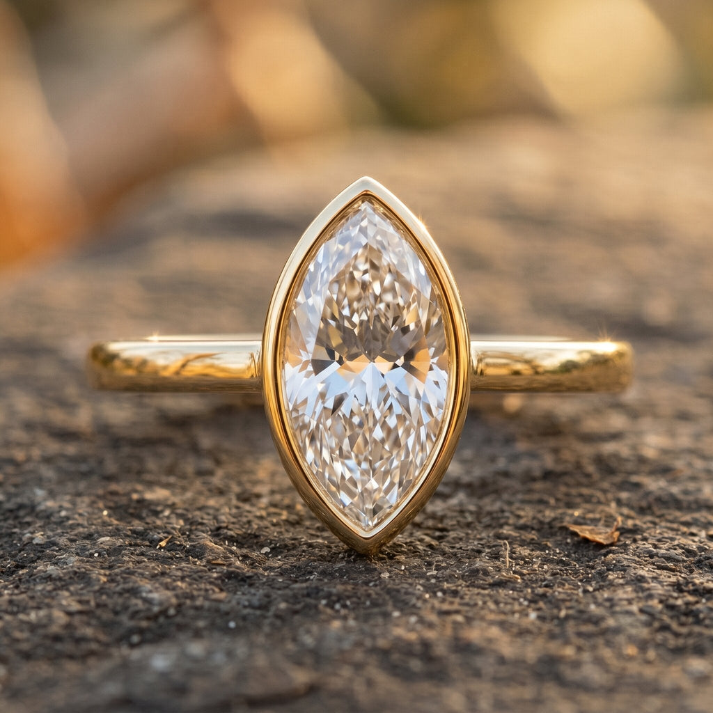 IGI Certified 1 Carat Marquise Lab Grown Diamond Engagement Ring in Bezel Setting
