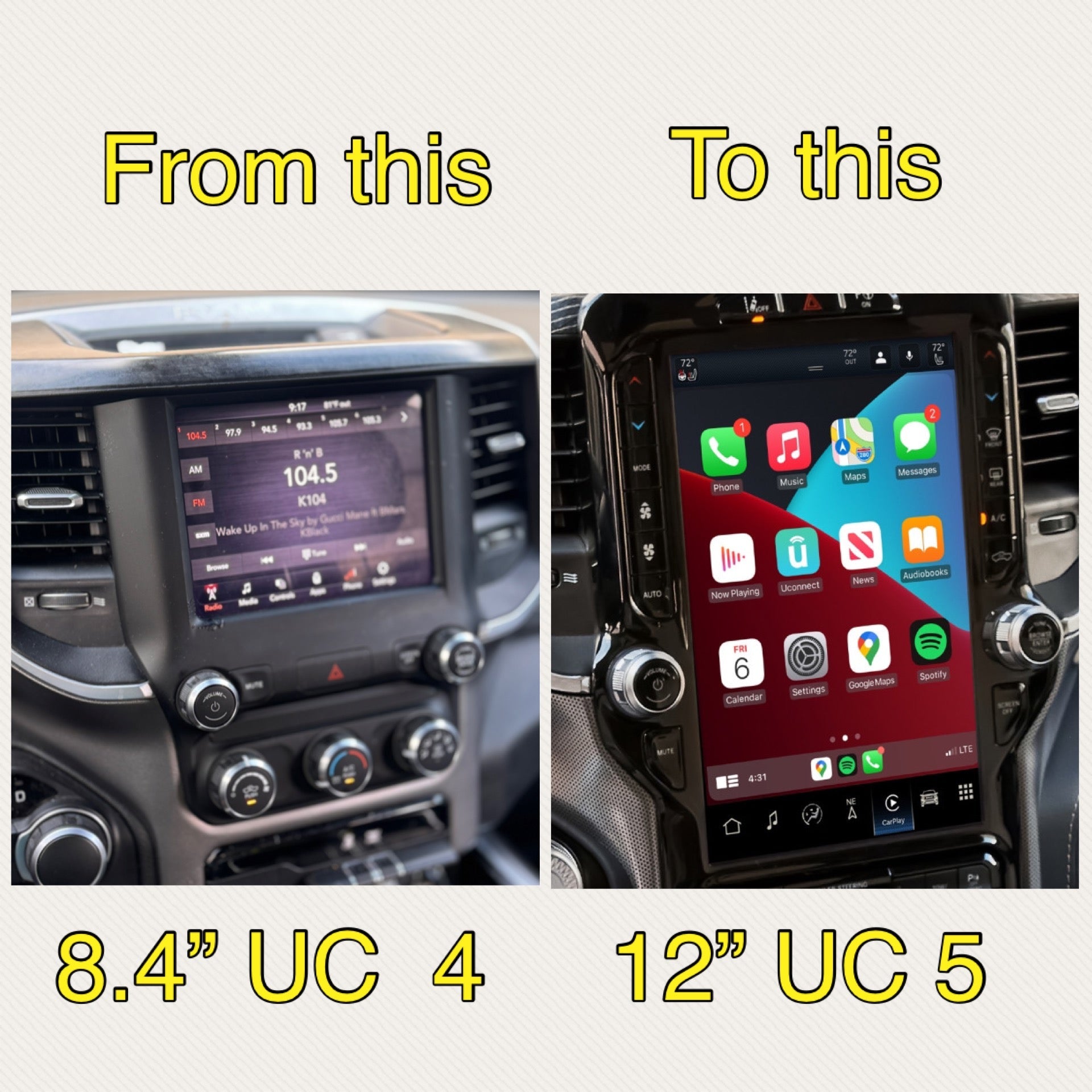 2019–2024 Ram 2500/3500 Uconnect 5 12-Inch Screen Upgrade Kit UBQ – Wireless Apple CarPlay & Android Auto